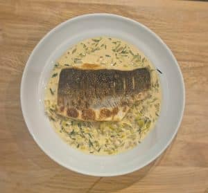 Pan-Fried Sea Bass with a Leek and Shallot Fricassée